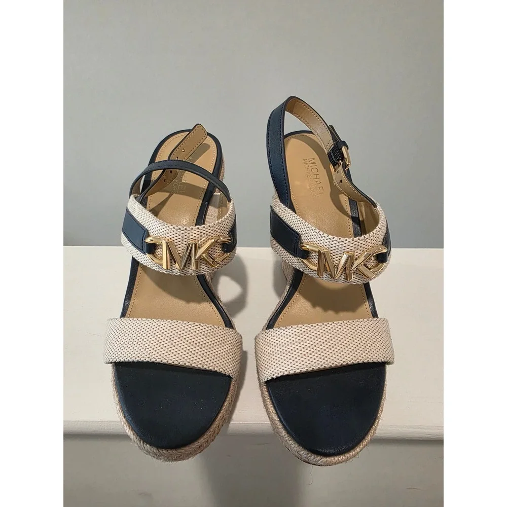 Women 6 M Michael‎ Kors Reed Wedge Sandals Navy Natural Espadrille Platform Logo